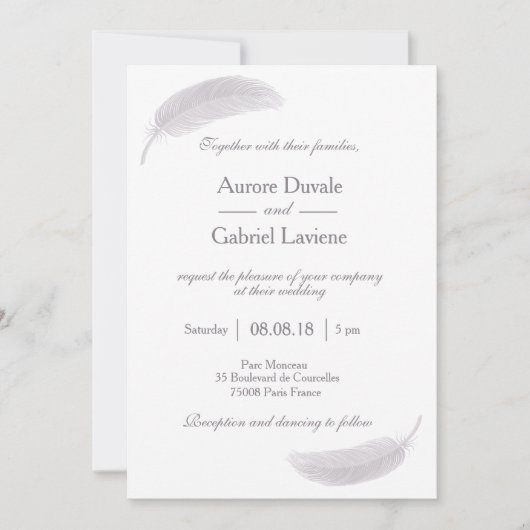 エンジェルフェザー薄紫ホワイトグレーエレガントウェディング 招待状 (正面)