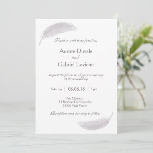 エンジェルフェザー薄紫ホワイトグレーエレガントウェディング 招待状 (スタンド正面)