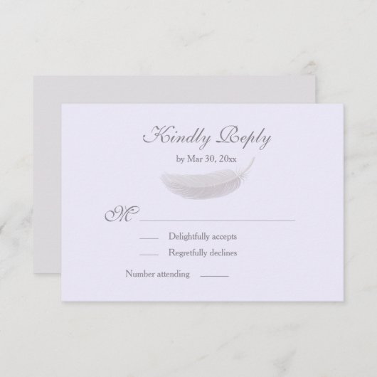 エンジェルフェザー薄紫ラベンダーグレーウェディングRSVP 招待状 (正面/裏面)