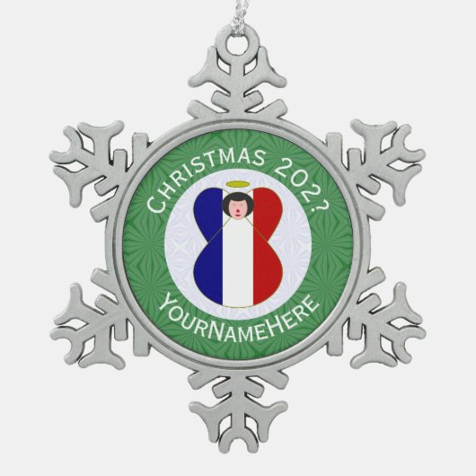 エンジェルフランスのクリスマス国旗パーソナライズされた スノーフレークピューターオーナメント (正面)