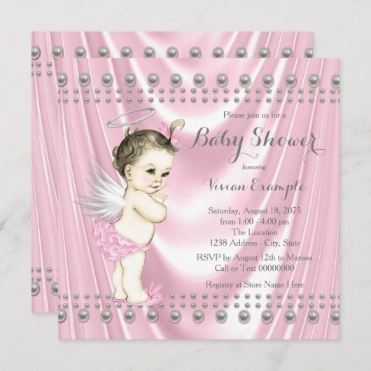 エンジェルベビーサテンとパールベビーシャワー 招待状 (正面/裏面)