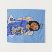 エンジェルホールディングキャットオンクラウドシルバーハロライトブルー タペストリー (正面(横))