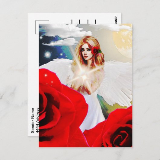 エンジェルレッドローズウィングムーンビューティフルファンタジーアート ポストカード (正面/裏面)