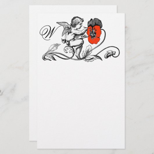 エンジェル絵画の赤い花のモノグラム 便箋 (正面/裏面)