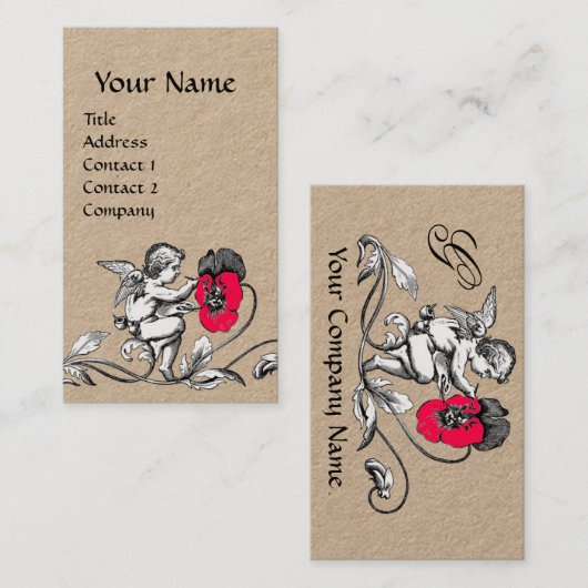 エンジェル絵画ズのピンクの花、モノグラムクラフト紙 名刺 (正面/裏面)