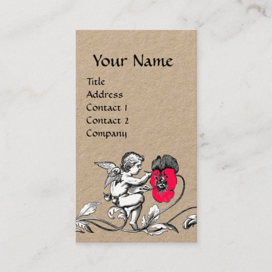 エンジェル絵画ズのピンクの花、モノグラムクラフト紙 名刺 (正面)