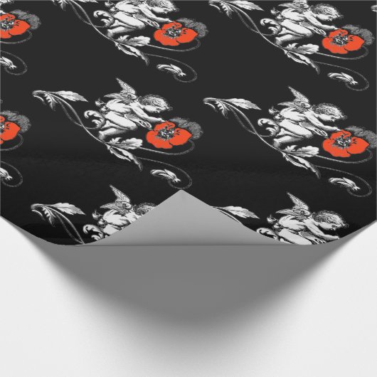エンジェル絵画ズ赤い花白黒クリスマス ラッピングペーパー (角)