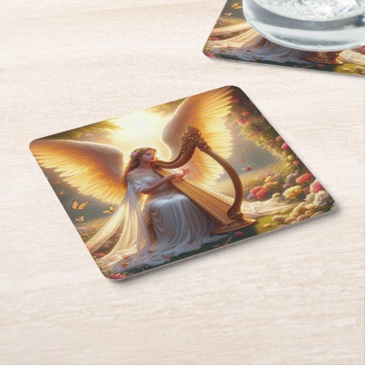 エンジェル遊のハープと花と蝶 スクエアペーパーコースター (アングル)