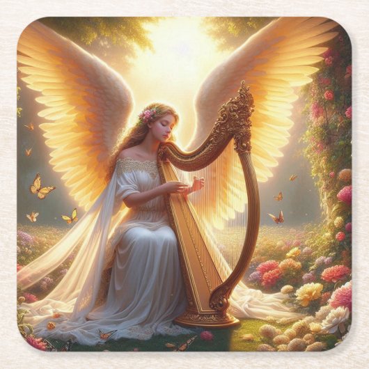 エンジェル遊のハープと花と蝶 スクエアペーパーコースター (正面)