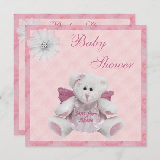 エンジェル·テディ·ピンク·ベイビー·シャワーの上から送られる 招待状 (正面/裏面)