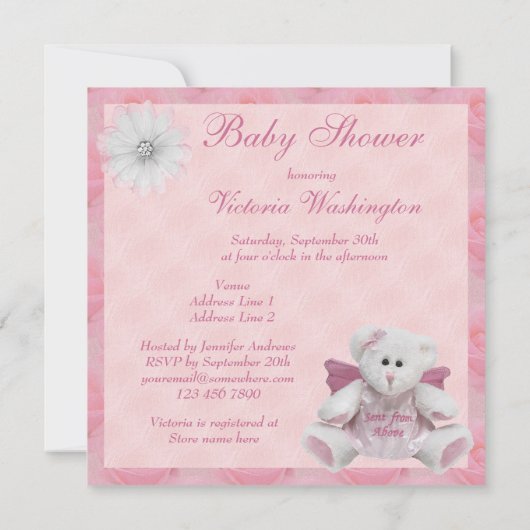 エンジェル·テディ·ピンク·ベイビー·シャワーの上から送られる 招待状 (裏面)