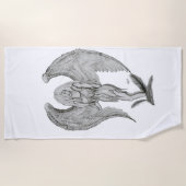 エンジェル，ペンシル・アート，白黒デザイン ビーチタオル (正面)