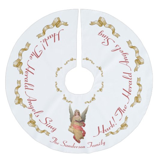 エンジェル、金ゴールド、ホワイト、レッドヴィンテージクリスマス ブラッシュドポリエステルツリースカート (正面)