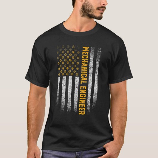エンジニアリングギア コグ アメリカ国旗 機械エンジニア Tシャツ (正面)