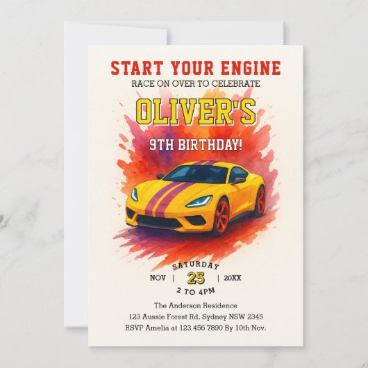 エンジンの水の色の車のすごい誕生日を開始 招待状 (正面)