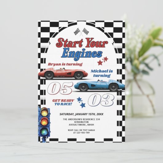 エンジンの起動レトロレースカーダブル誕生日 招待状 (スタンド正面)
