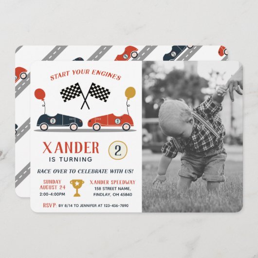 エンジンの開始レースカー誕生日任意の年齢写真 招待状 (正面/裏面)