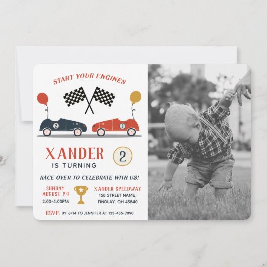 エンジンの開始レースカー誕生日任意の年齢写真 招待状 (正面)