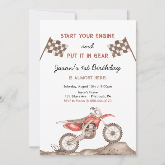 エンジンを始動Dirt Bike Motocross Boy誕生日 招待状 (正面)