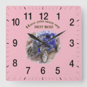 エンジンを搭載する青いヴィンテージの古いロードスター スクエア壁時計 (正面)