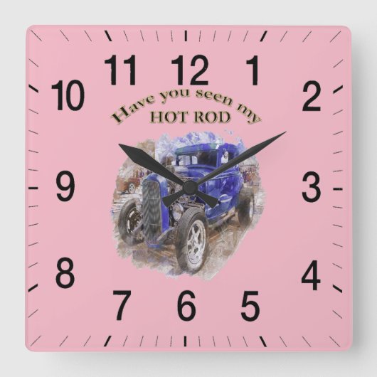 エンジンを搭載する青いヴィンテージの古いロードスター スクエア壁時計 (正面)