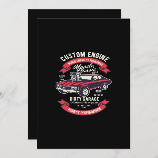 エンジンカスタムの筋肉クラシック汚いガレージ 招待状 (正面/裏面)