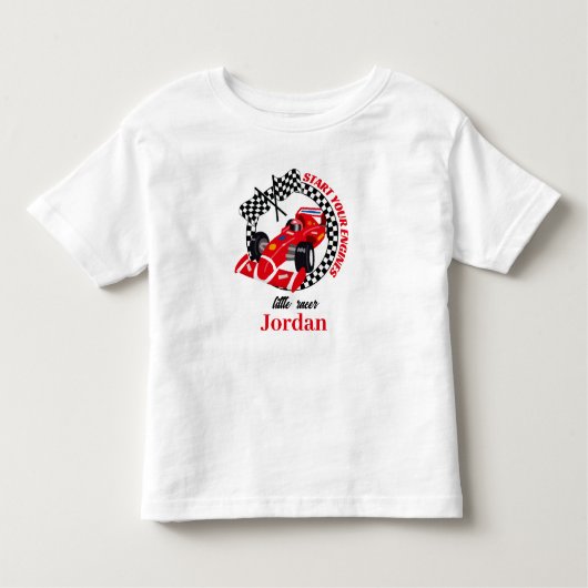 エンジン全開! レッド レース カー 誕生日おめでとう(年齢不問) トドラーTシャツ (正面)