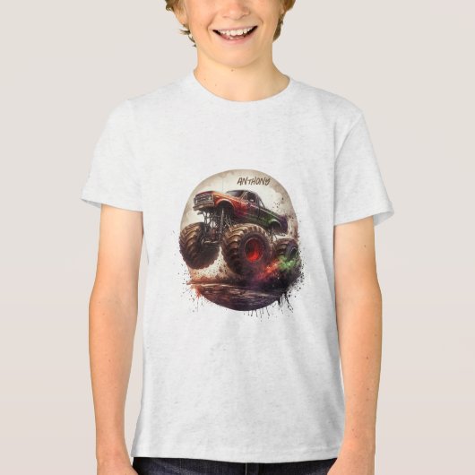 「エンジン全開！出発しよう」カスタムモンスタートラック トライブレンドＴシャツ (正面)
