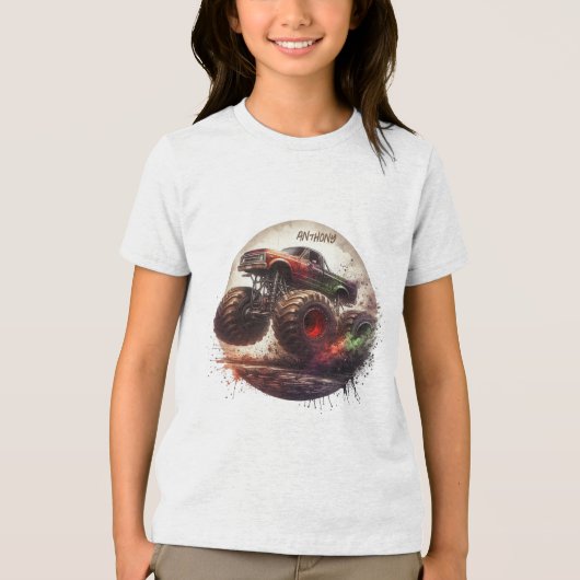 「エンジン全開!出発しよう」カスタムモンスタートラック トライブレンドTシャツ (正面)