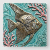 エンゼルフィッシュ海洋生物フェイクメタル スクエア壁時計 (正面)
