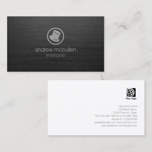 エンターテイントトップハットアイコン濃いブラシ仕上げメタル 名刺 (正面/裏面)