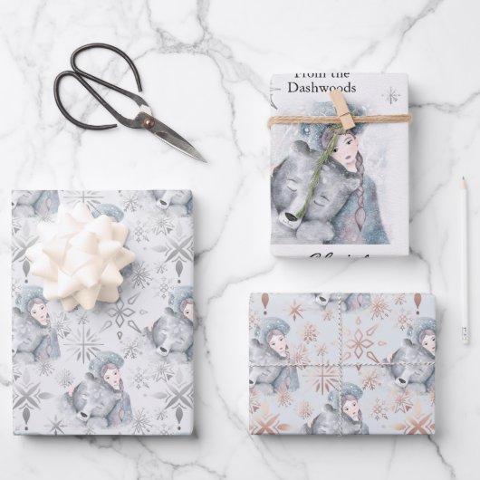 エンチャンティングベア&ガールパーソナライズされたフェスティバル ラッピングペーパーシート (正面)