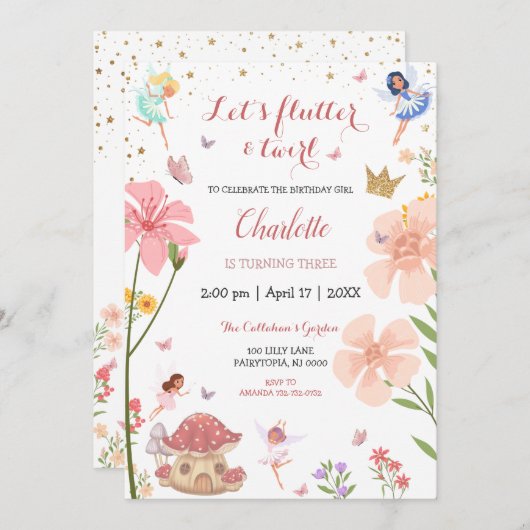 エンチャンテッドマジカルガーデンフェアリーフォレスト誕生日 招待状 (正面/裏面)