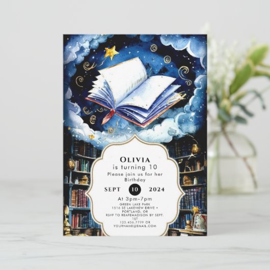 エンチャントお洒落ウォーター色ストーリーブック誕生日 招待状 (スタンド正面)