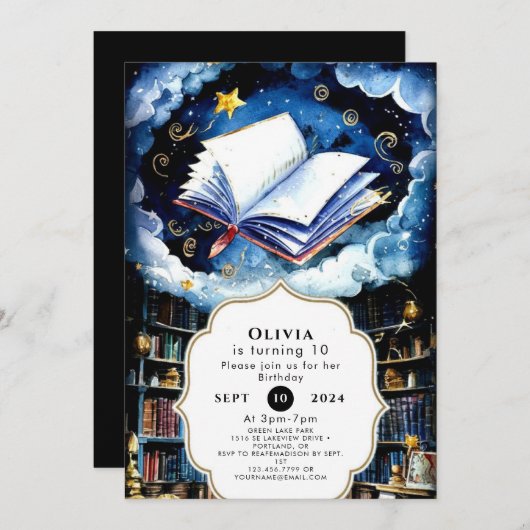 エンチャントお洒落ウォーター色ストーリーブック誕生日 招待状 (正面/裏面)