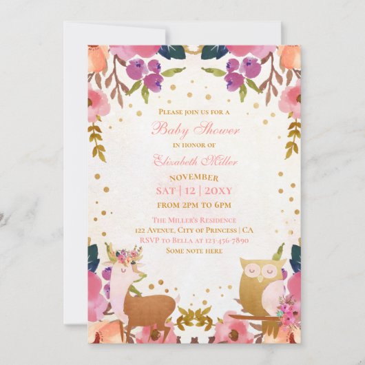 エンチャントかわいらしドフォレストアニマルベビーガールシャワー 招待状 (正面)