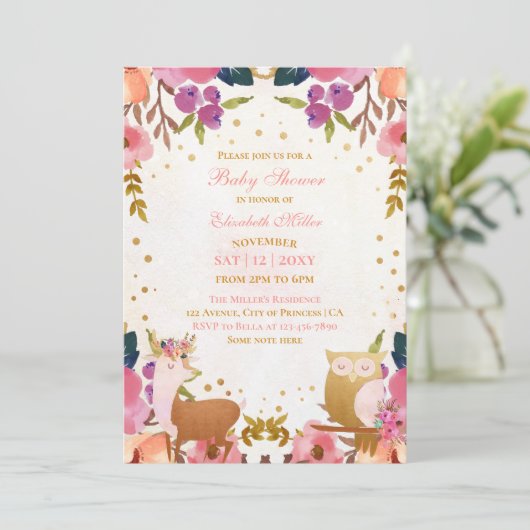 エンチャントかわいらしドフォレストアニマルベビーガールシャワー 招待状 (スタンド正面)