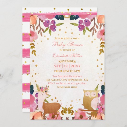 エンチャントかわいらしドフォレストアニマルベビーガールシャワー 招待状 (正面/裏面)