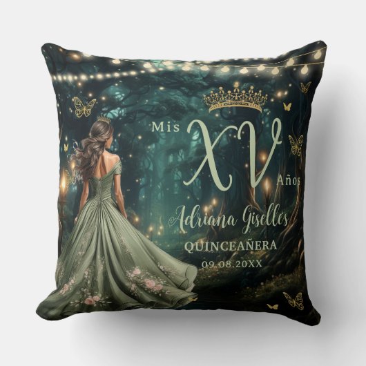 エンチャントされた森のセージ緑のキンセアニラの写真 クッション (正面)