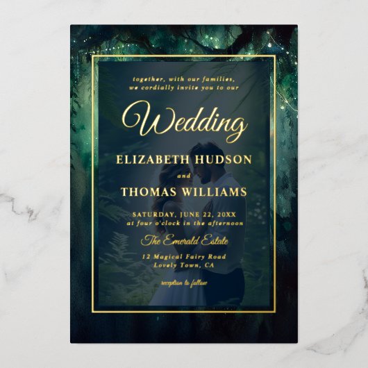 エンチャントぶら下がったドフォレストのつる植物金ゴールド結婚写真 箔招待状 (正面)