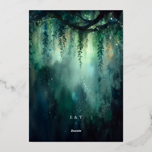 エンチャントぶら下がったドフォレストのつる植物金ゴールド結婚写真 箔招待状 (裏面)