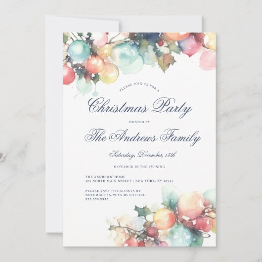 エンチャントウォーター色オーナメントクリスマスパーティー 招待状 (正面)