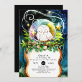 エンチャントウォーター色フクロウ誕生日 招待状 (正面/裏面)