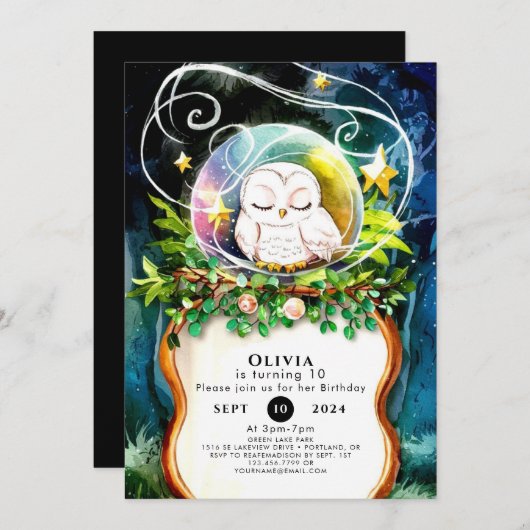 エンチャントウォーター色フクロウ誕生日 招待状 (正面/裏面)