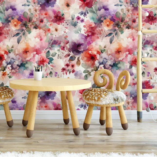 エンチャントウォーター色フローラフェアリーコアガーデン 壁紙 (Enchanted Fairy Garden Watercolor Floral Wallpaper for a Fairycore-Themed Nursey)