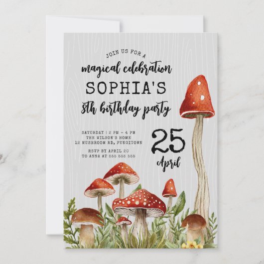 エンチャントウッドランドマッシュルーム子供の誕生日 招待状 (正面)