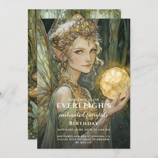エンチャントエメラルドフォレストフェアリー誕生日 招待状 (正面/裏面)