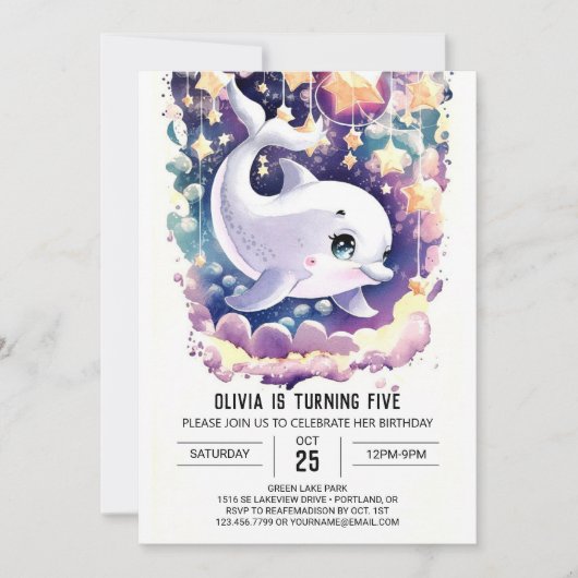 エンチャントカラフルドキッズドルフィン誕生日 招待状 (正面)