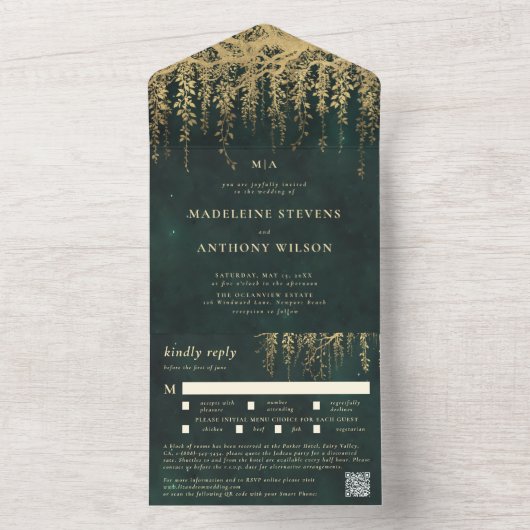 エンチャントガーデンエメラルド金ゴールドフェアリー結婚フォレスト オールインワン招待状 (内側)