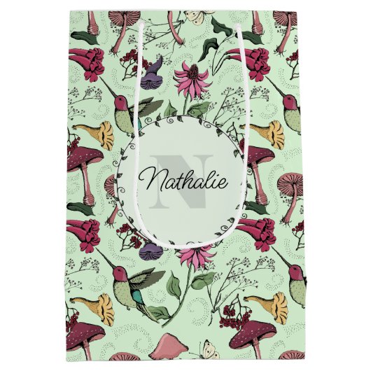 エンチャントグリーン春ガーデンハミングバードフローラ ミディアムペーパーバッグ (裏面)